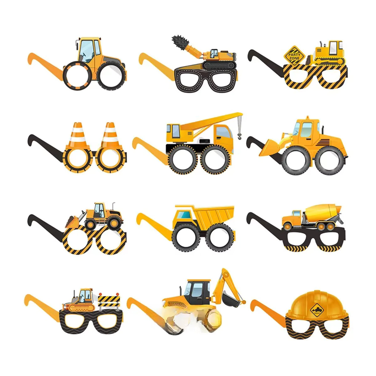 6 oder 12 Stück Fotoautomaten Requisiten aus Papier mit Bau-Motiven wie Bagger, Lkw und Traktor in Gelb für deine Kindergeburtstags-Party Dekoration - Bild 5