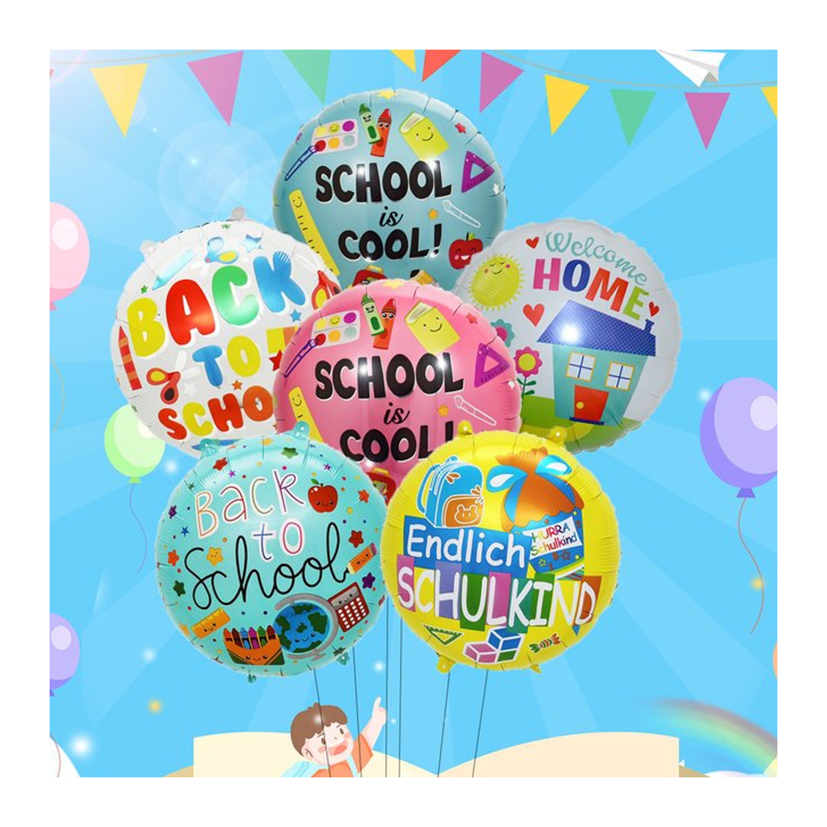 6 Stück runde Folienballons von EACH PARTY in Mehrfarbig für die Schulanfang-Dekoration, Durchmesser: 45,72 cm - Bild 1