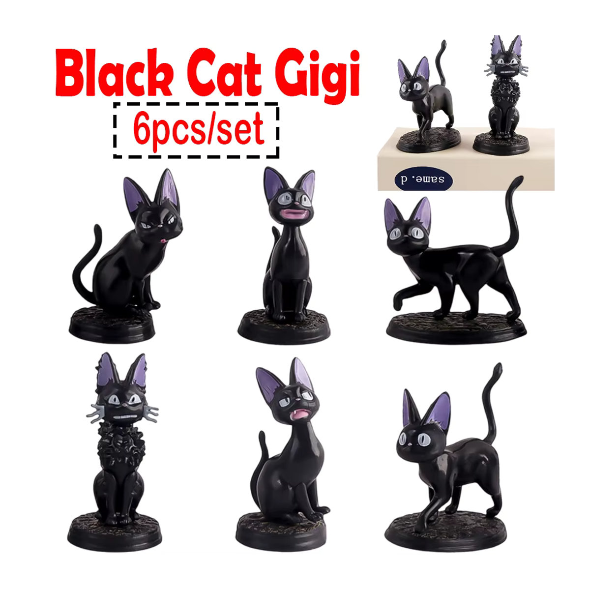6-teiliges Bandai Set Jiji Gigi Cartoon Schwarze Katze Figuren aus Kunststoff, Schwarz - Bild 4