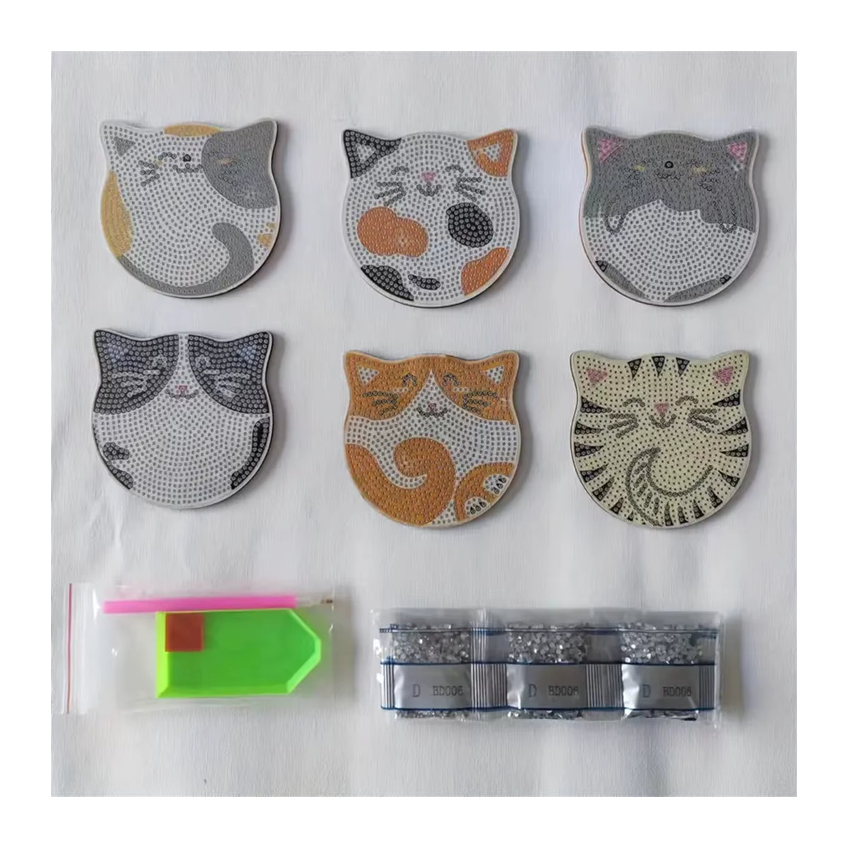 6-teiliges DIY Mosaik-Set mit Katzen-Strasssteinen, rutschfeste runde Getränkeuntersetzer aus Holz, mehrfarbig - Bild 3