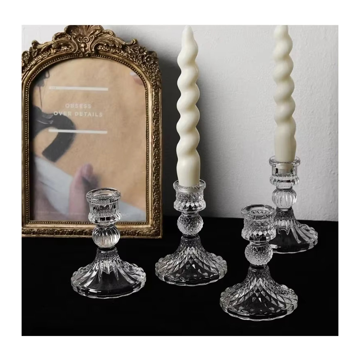 6-teiliges Lazzy house Kristall-Kerzenhalter Set aus Glas in Transparent und Grün für Tafelkerzen zur Tischdekoration bei Hochzeit oder Weihnachten - Bild 2