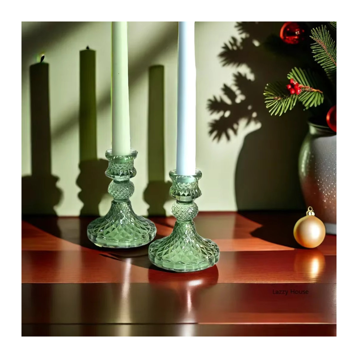 6-teiliges Lazzy house Kristall-Kerzenhalter Set aus Glas in Transparent und Grün für Tafelkerzen zur Tischdekoration bei Hochzeit oder Weihnachten - Bild 5