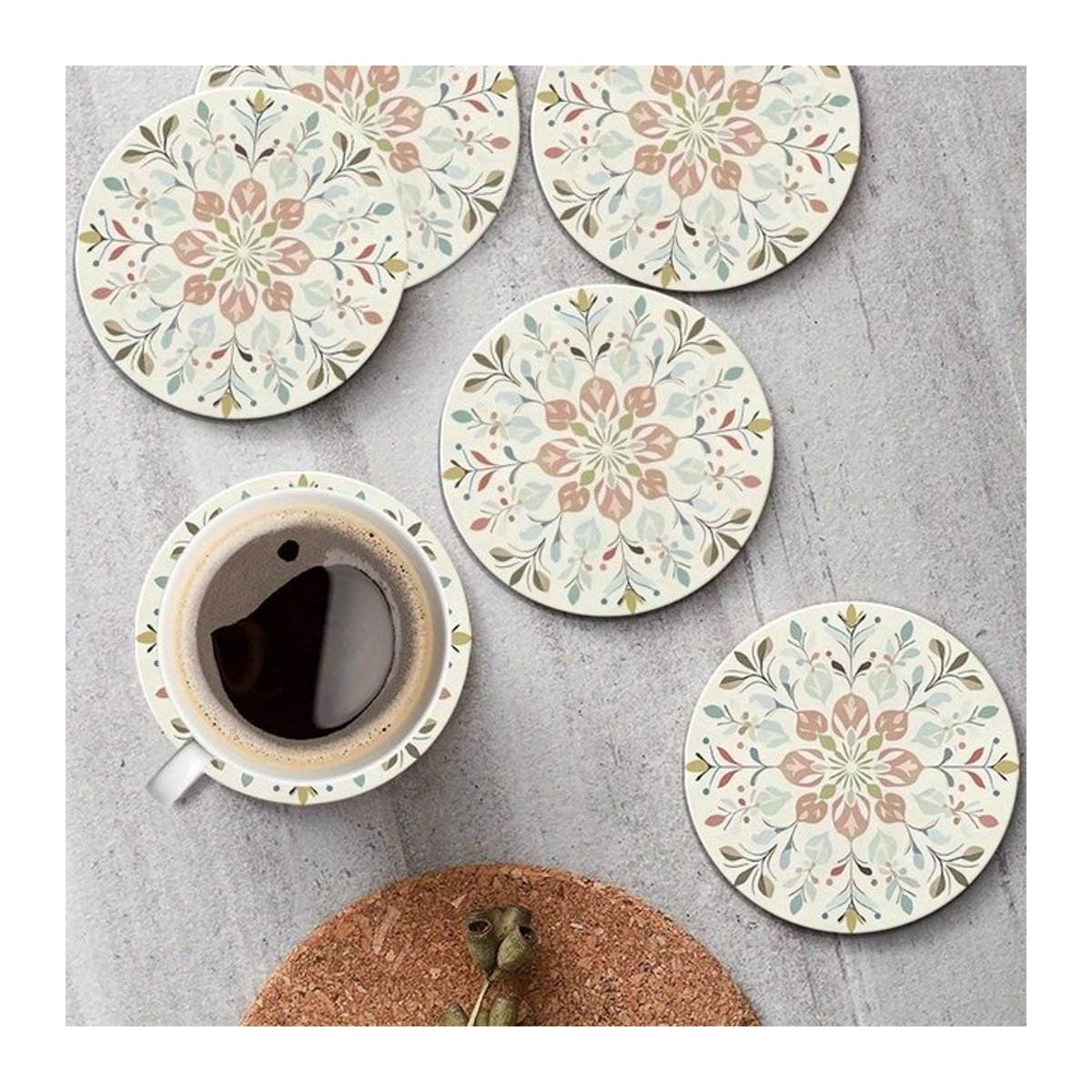 6-teiliges Set runde Holzuntersetzer mit buntem Retro Bohemian Blumenmuster für Tassen und Gläser - Bild 1