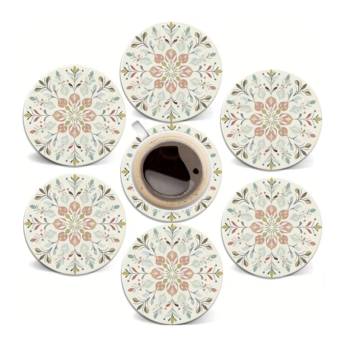 6-teiliges Set runde Holzuntersetzer mit buntem Retro Bohemian Blumenmuster für Tassen und Gläser - Bild 6