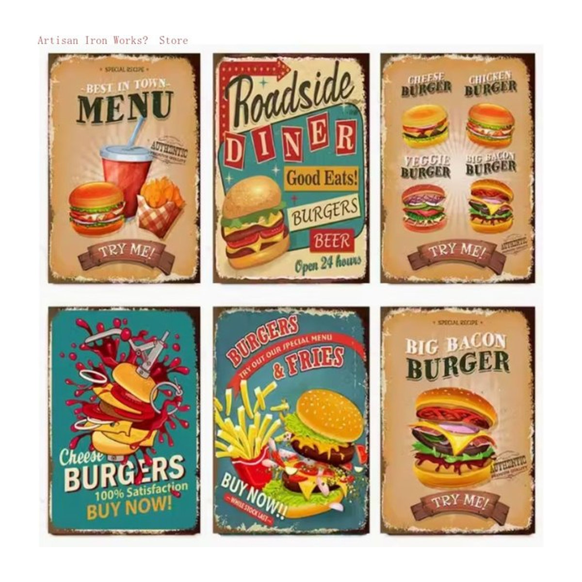 6-teiliges Vintage-Metallschild-Set von Potdemiel zur Wandmontage, mehrfarbige Wanddekoration mit Burger- und Pommes-Designs, B/H: 30 x 20 cm - Bild 1