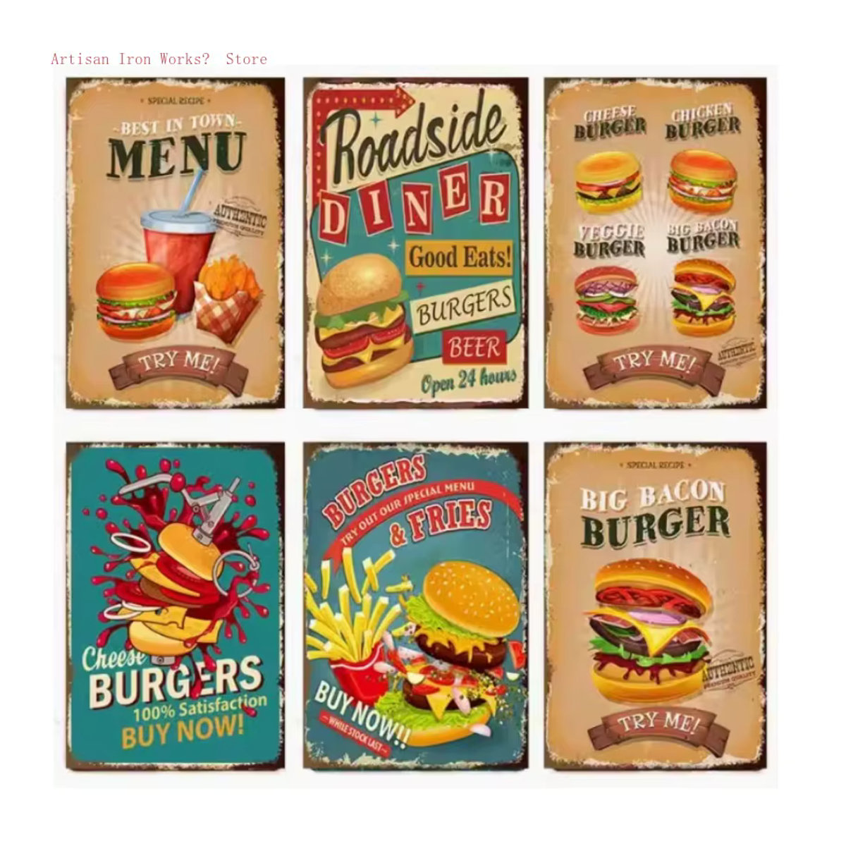 6-teiliges Vintage-Metallschild-Set von Potdemiel zur Wandmontage, mehrfarbige Wanddekoration mit Burger- und Pommes-Designs, B/H: 30 x 20 cm - Bild 2