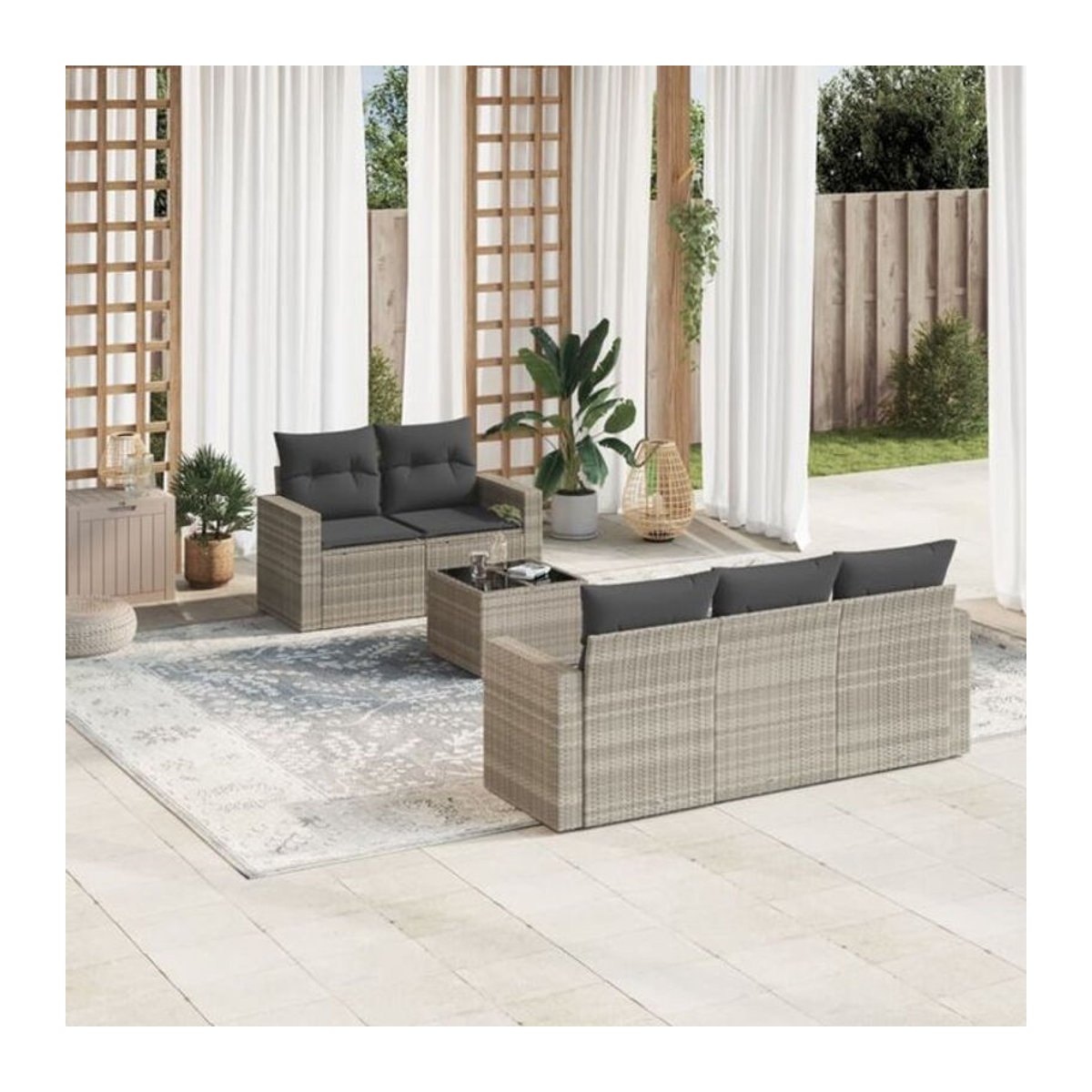 6-tlg. Garten-Sofagarnitur aus Polyrattan mit Kissen in Grau von Vidaxl – Moderne Loungemöbel - Bild 1