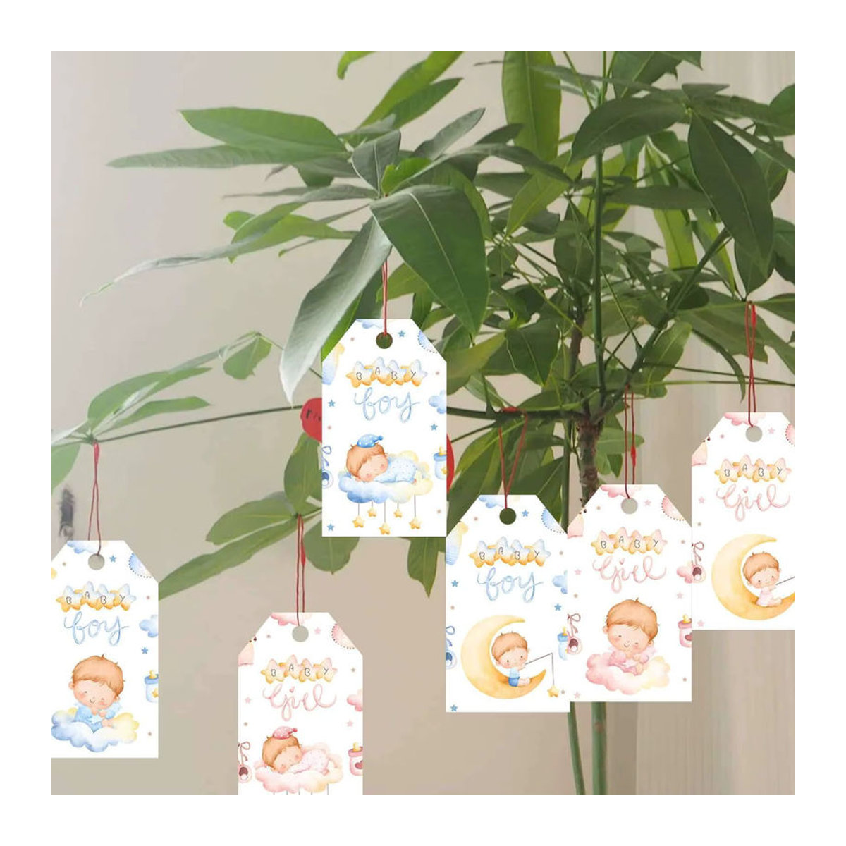 60 Stück hängende Papieranhänger in Rosa und Blau mit Stern und Mond für Babyparty und Geburtstag Dekoration - Bild 2