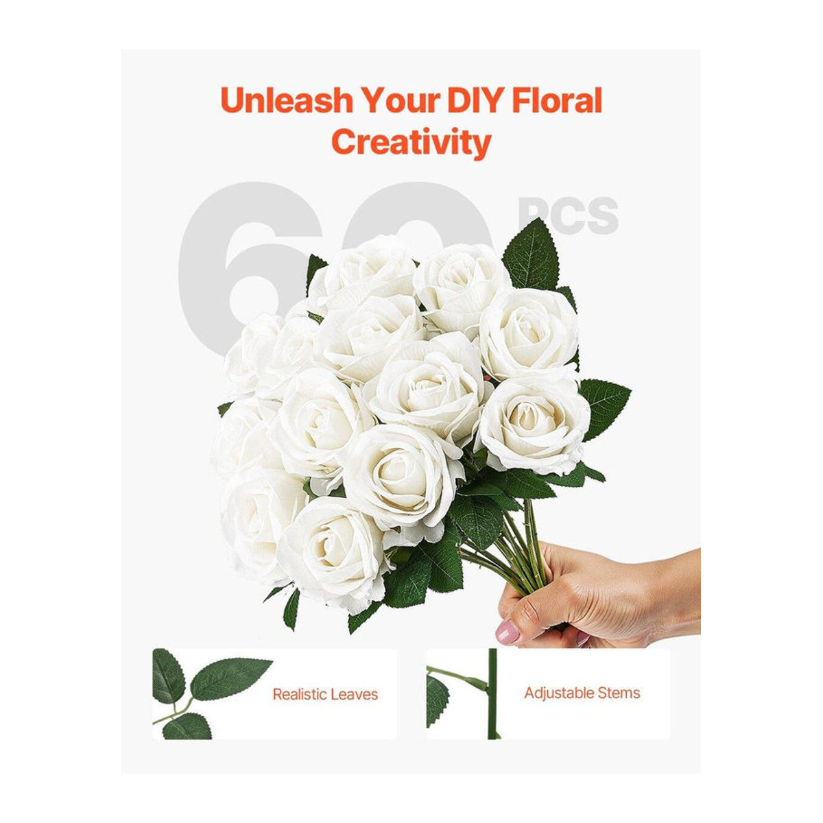 60 Stück Künstliche Weiße Rosen von Buying Solutions, MB als Einzelstiele für Hochzeit und Weihnachtsdekoration - Bild 2