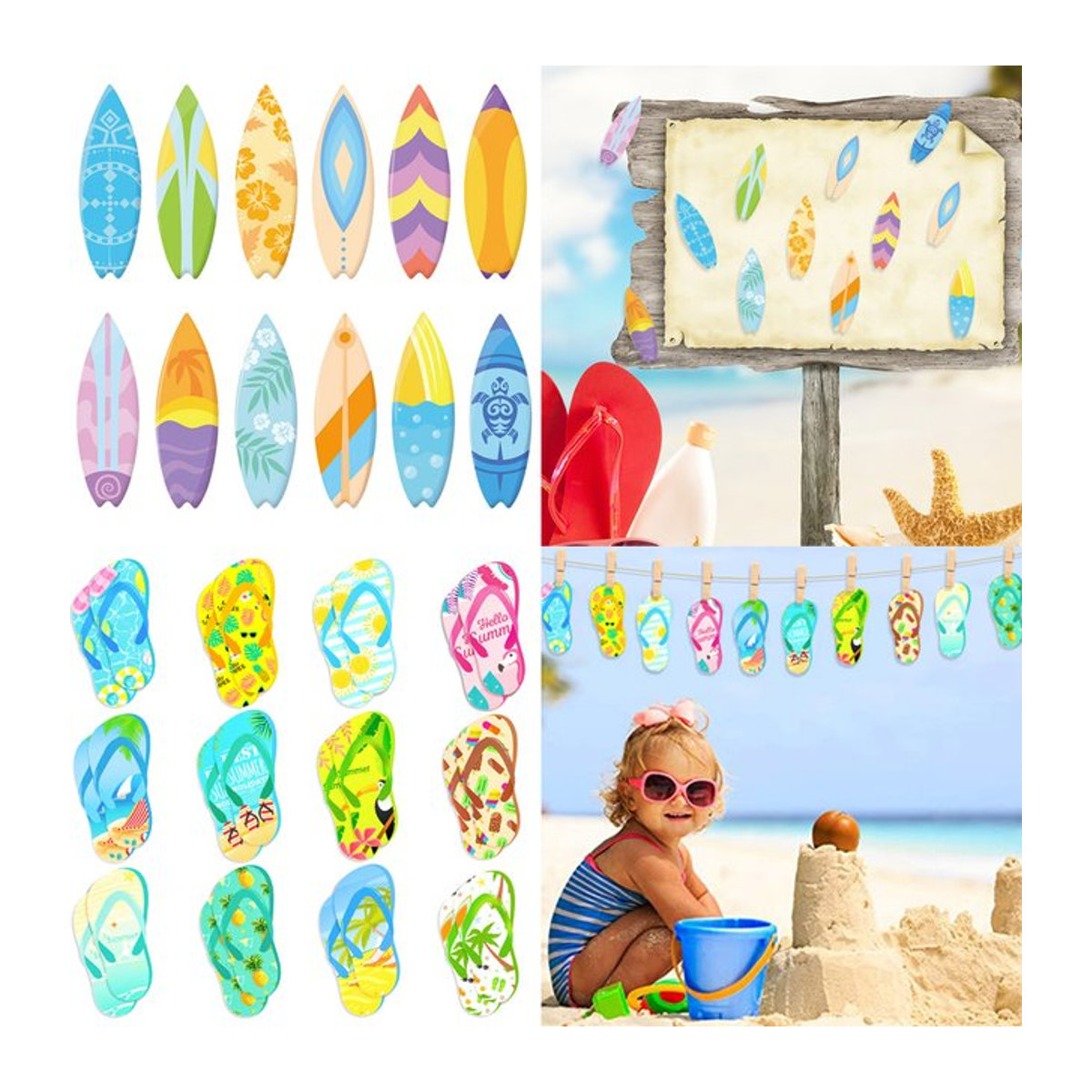 60 Stück WEIGAO Papier Aufkleber in Surfbrett-Form, Mehrfarbig, Maritimes Hawaii Design für Wand und Fenster zur Sommer-Dekoration - Bild 1
