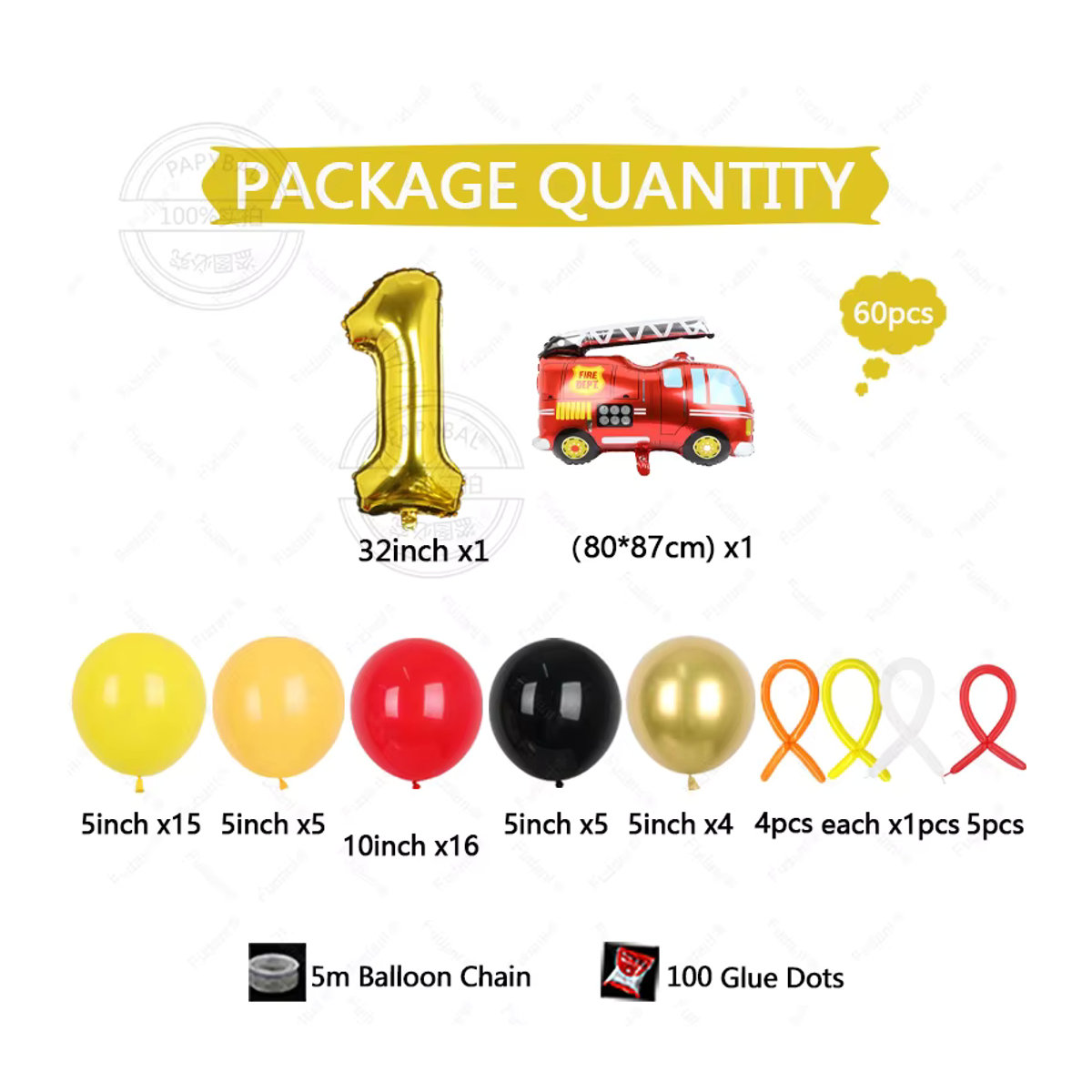 60-teiliges Ballon-Set mit Feuerwehrauto-Motiv und goldenen Zahlen 1-9 für Kindergeburtstage in Gold und Rot - Bild 2
