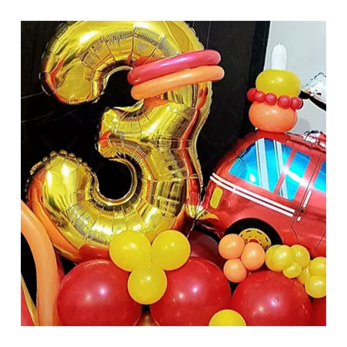 60-teiliges Ballon-Set mit Feuerwehrauto-Motiv und goldenen Zahlen 1-9 für Kindergeburtstage in Gold und Rot - Bild 3