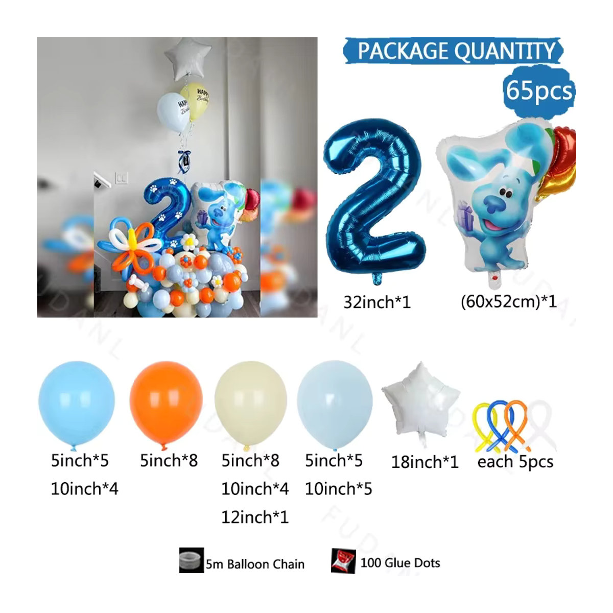 65 Stück Blues Clues Thema Geburtstag Party Deko Set mit blauen gefleckten Hund Folienballons und Ballonsäulen Zubehör für Kinder in Blau - Bild 2