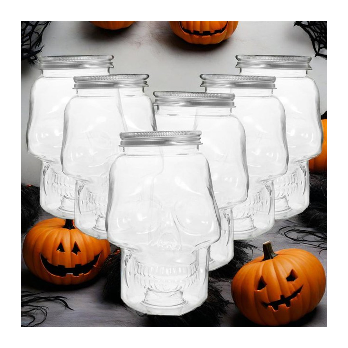 6er-Pack Halloween-Gläser aus transparentem Kunststoff in Totenkopf-Design für deine Partydekoration - Bild 1