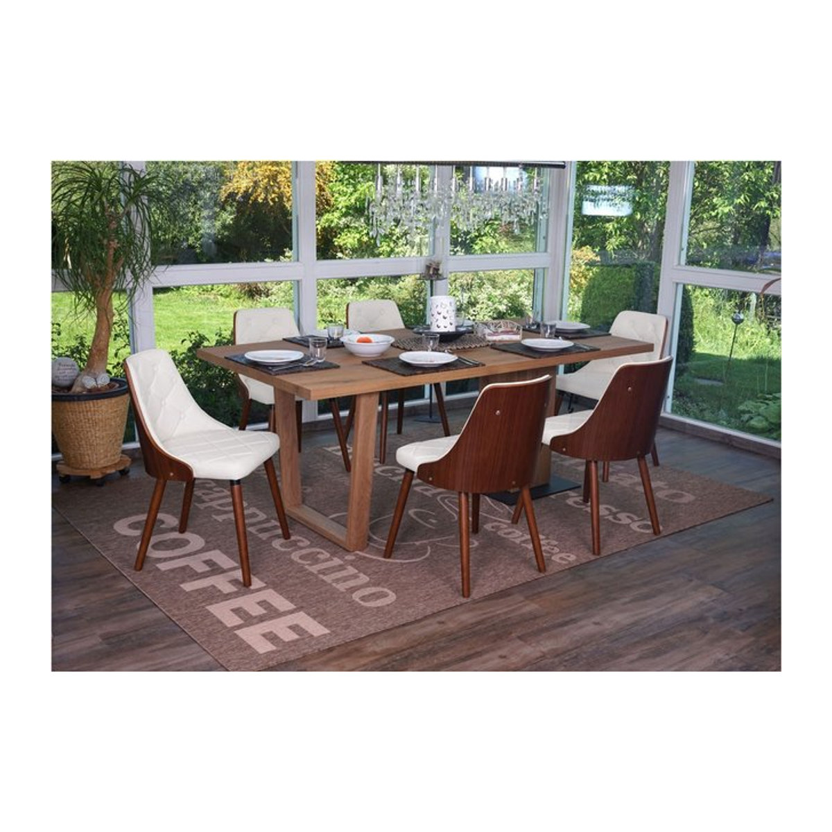 6er-Set Esszimmerstühle MCW A75 Bugholz im Mid-Century Design mit Kunstleder in Weiß und Walnuss-Optik - Bild 1