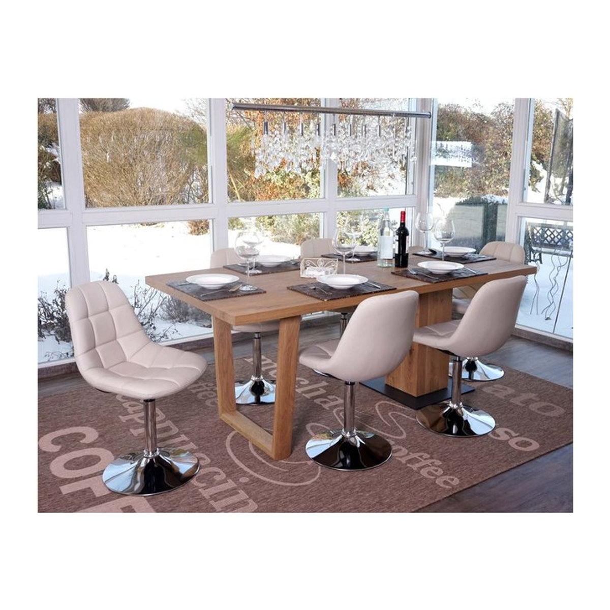 6er-Set Esszimmerstühle MCW MCW-A60 Drehstühle in Beige mit Chromgestell und modernem Kunstleder - Bild 1