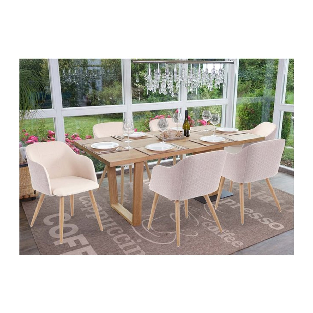 6er-Set Esszimmerstühle MCW MCW-D71 im Retro-Design mit Armlehnen aus Stoff in Creme-Beige - Bild 1
