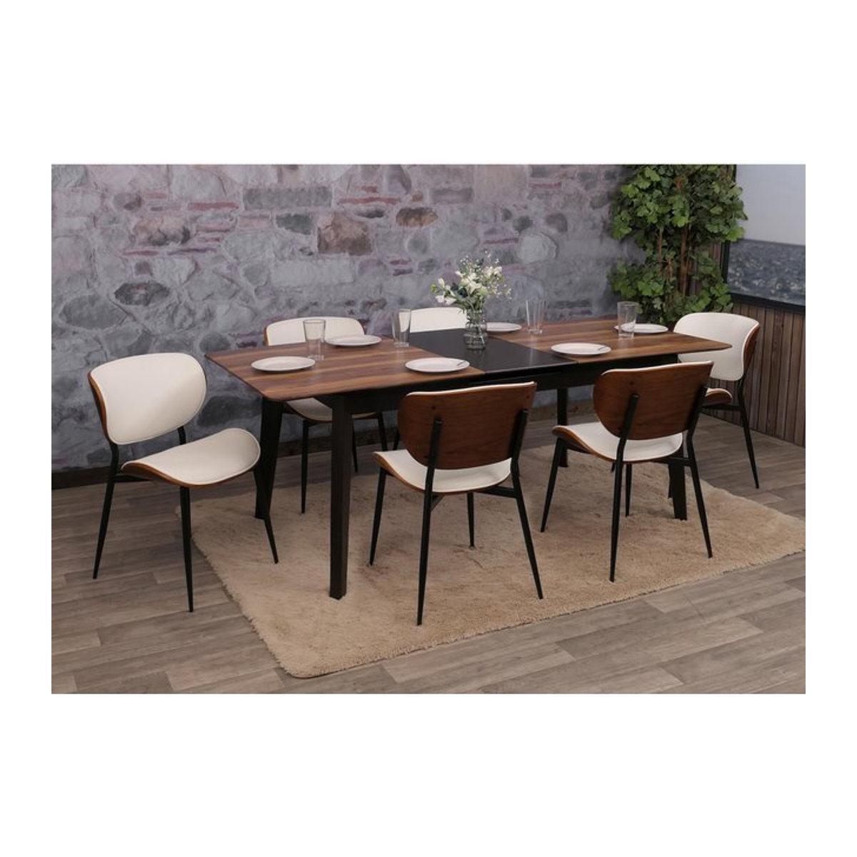 6er-Set Esszimmerstühle MCW MCW-O45 aus Bugholz mit Kunstleder in Walnuss-Optik und Weiß im Retro-Design - Bild 1