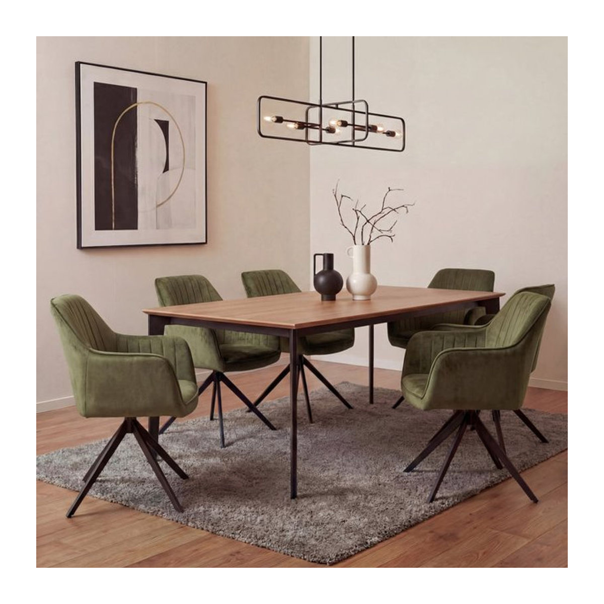6er-Set Esszimmerstühle MCW Modern mit Armlehnen und Auto-Return Funktion in Olivgrün mit Samt-Wildleder-Optik - Bild 1