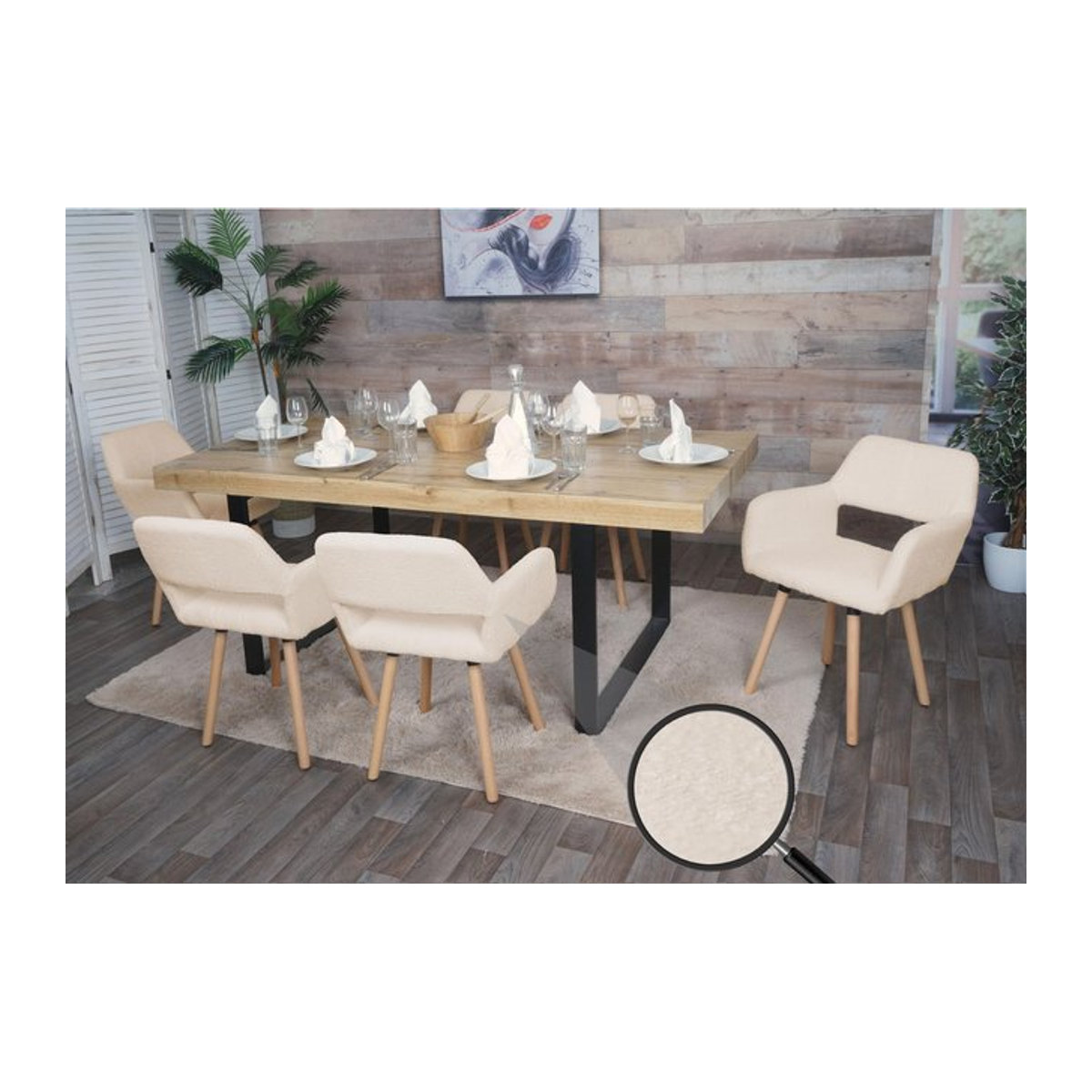 6er-Set Esszimmerstühle MCW MWC-A50 II aus Holz mit Bouclé-Polsterung in Beige - Bild 1