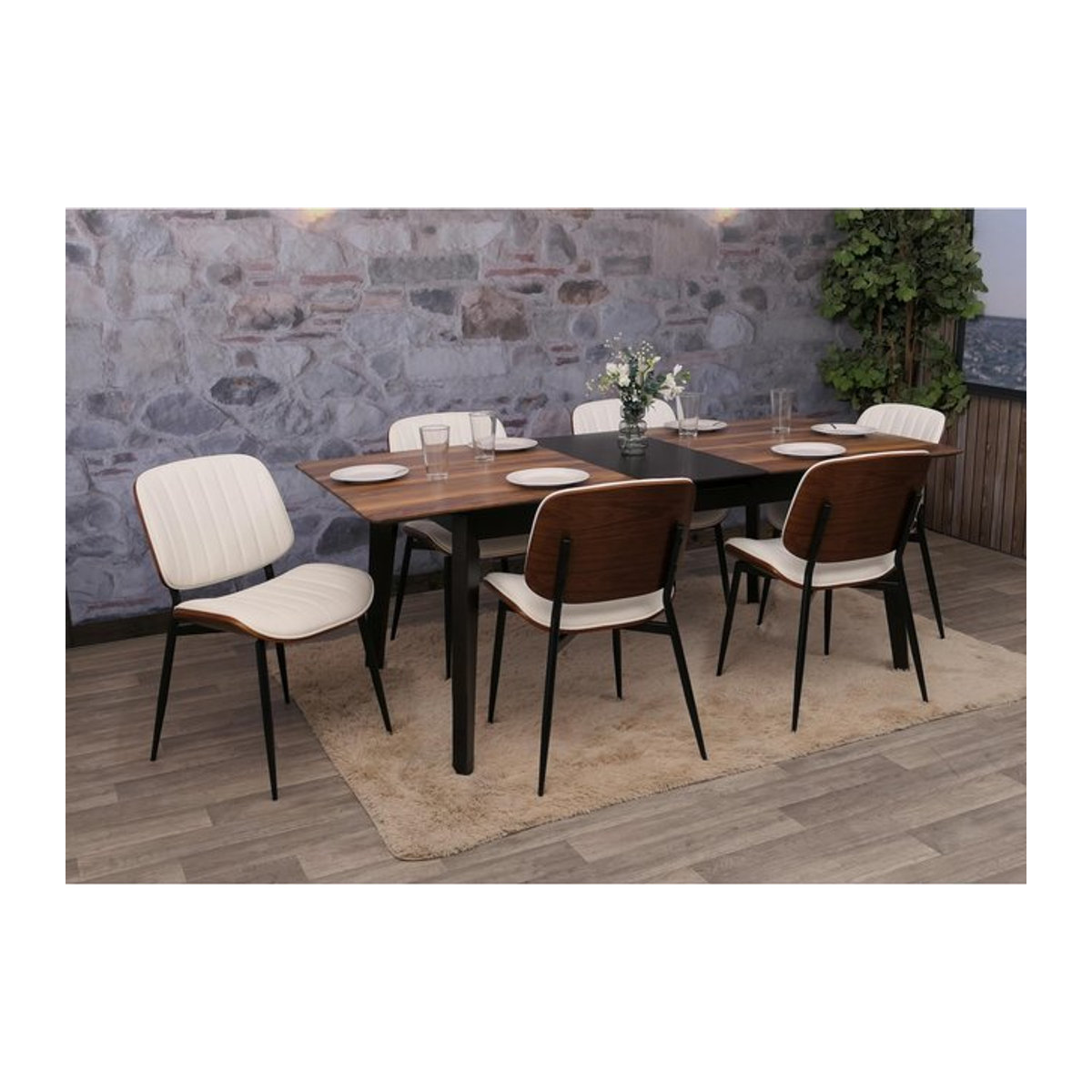 6er-Set Esszimmerstühle MCW-O44 Bugholz mit Kunstleder in Walnuss-Optik und Weiß - Bild 1