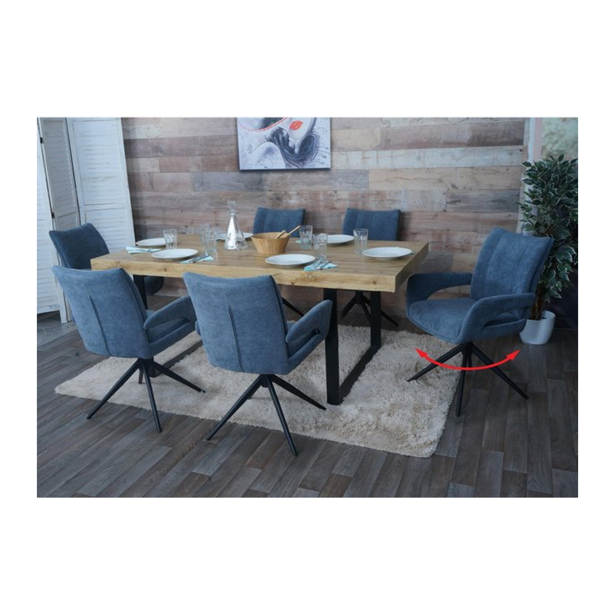 6er-Set Esszimmerstühle MCW-O78 modern drehbar mit Auto-Return in Graublau aus Chenille-Stoff - Bild 1