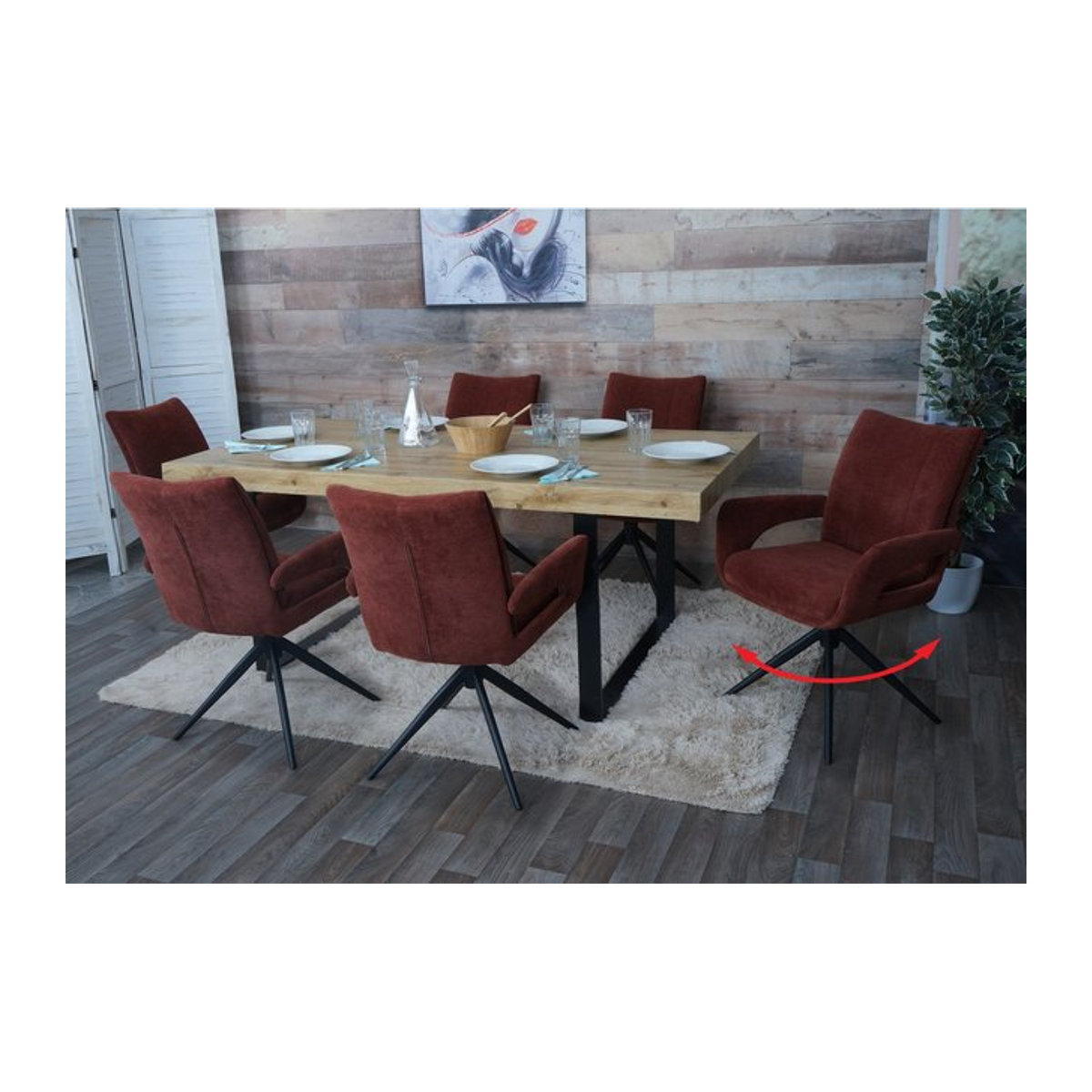 6er-Set Esszimmerstühle MCW-O78 modern mit drehbarer Auto-Return Funktion aus Chenille-Stoff in Rotbraun/Braun - Bild 1
