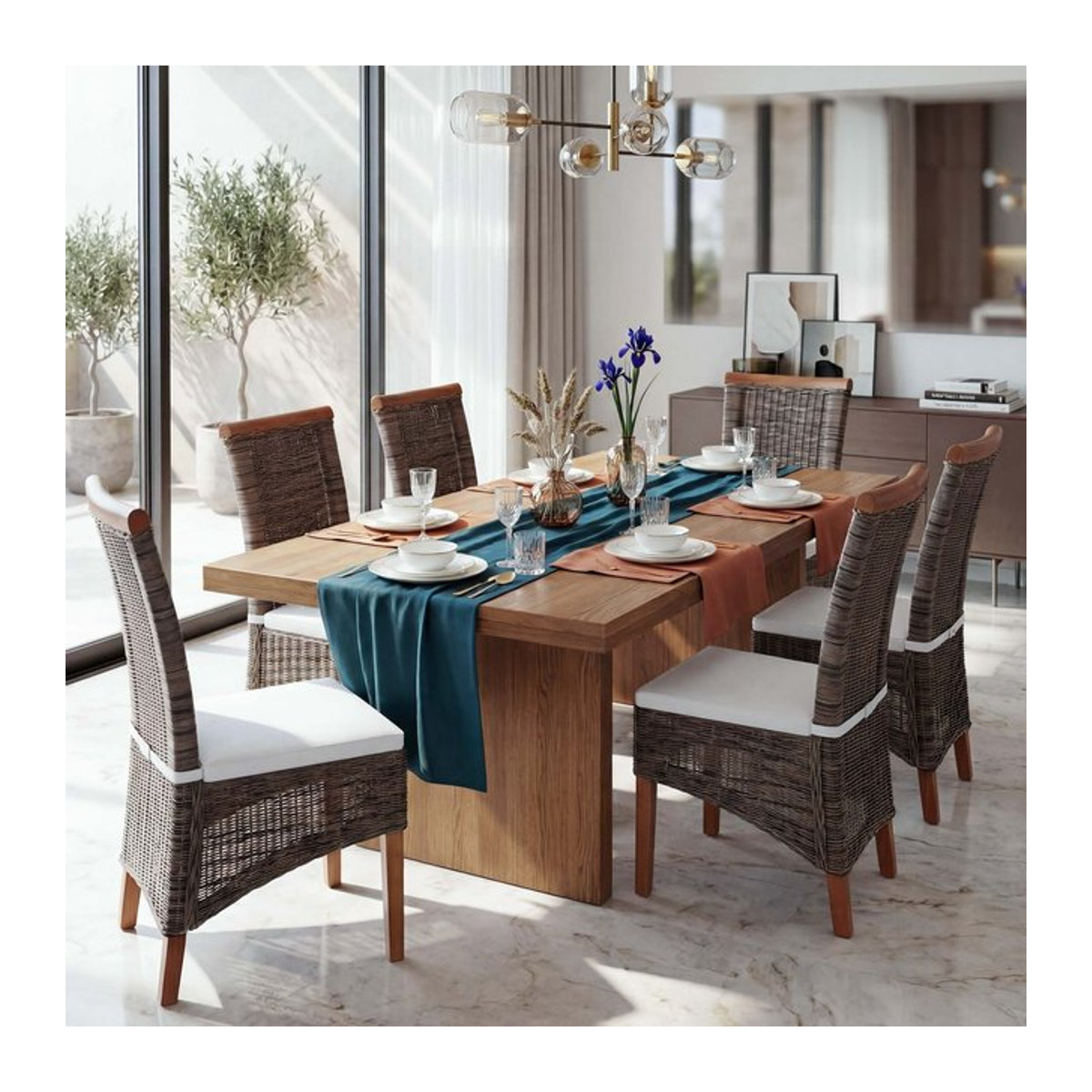 6er-Set Esszimmerstühle Sinio von MCW im Bohemian-Stil aus Rattan in Braun inklusive Sitzkissen - Bild 1