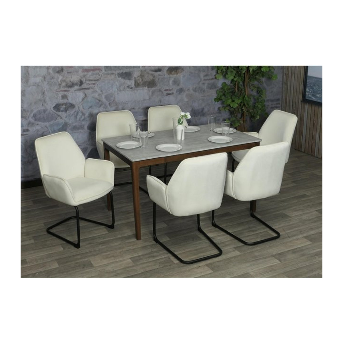 6er-Set Freischwinger MCW-G67 Esszimmerstühle in Beige mit modernem Textilstoff - Bild 1