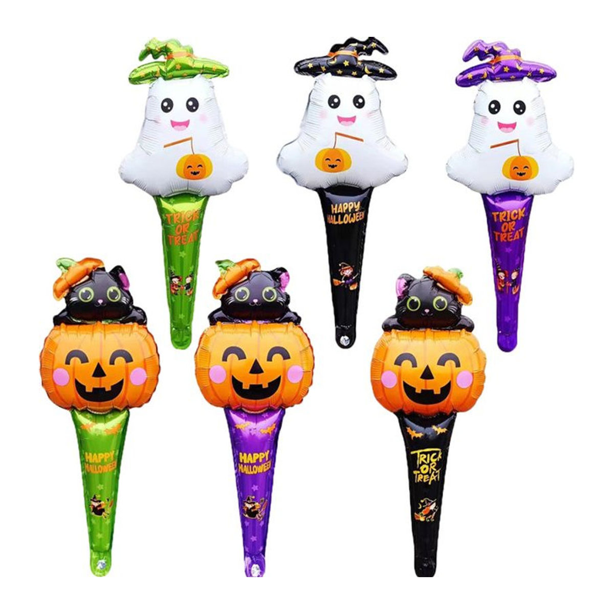 6er Set Halloween Folienballons mit Stäben, Motiv Kürbis, Katze und Ghost, mehrfarbig, Höhe: 63,5 cm - Bild 1