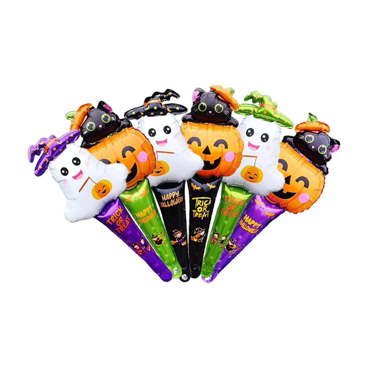 6er Set Halloween Folienballons mit Stäben, Motiv Kürbis, Katze und Ghost, mehrfarbig, Höhe: 63,5 cm - Bild 2