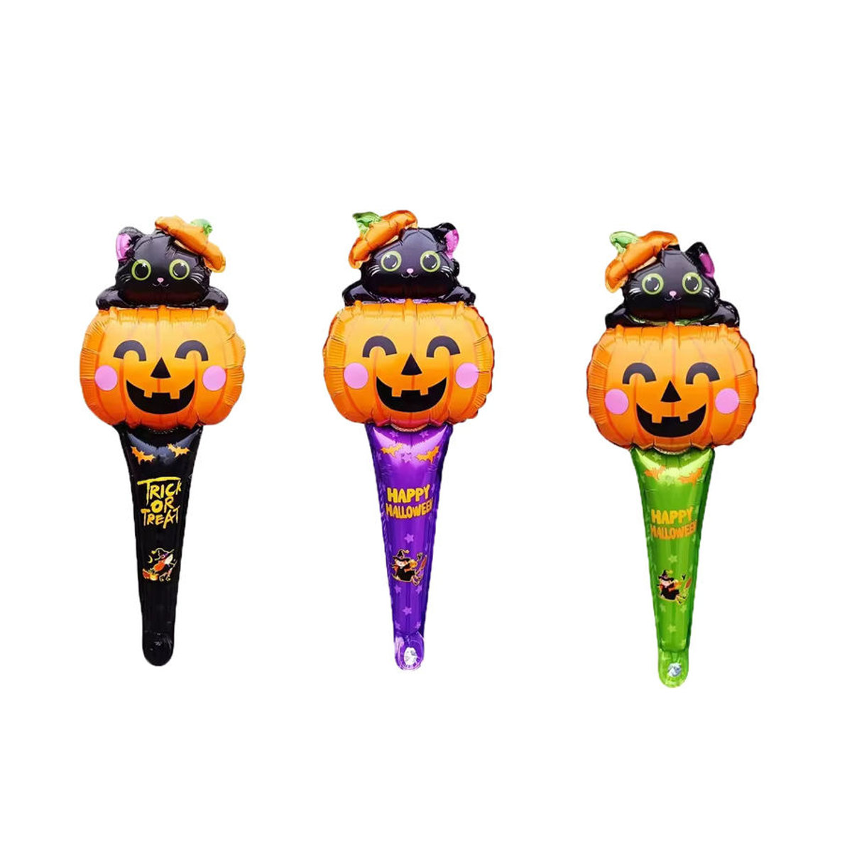 6er Set Halloween Folienballons mit Stäben, Motiv Kürbis, Katze und Ghost, mehrfarbig, Höhe: 63,5 cm - Bild 3