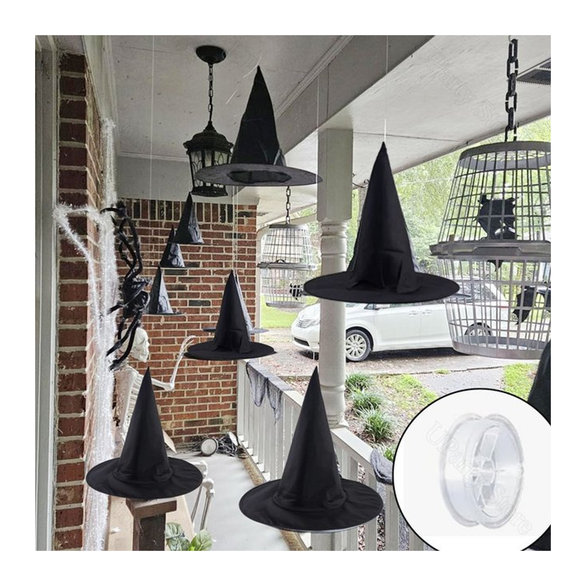 6er Set Halloween Hexenhüte aus MicroPlush in Schwarz mit Aufhängeschnur zur Dekoration - Bild 1