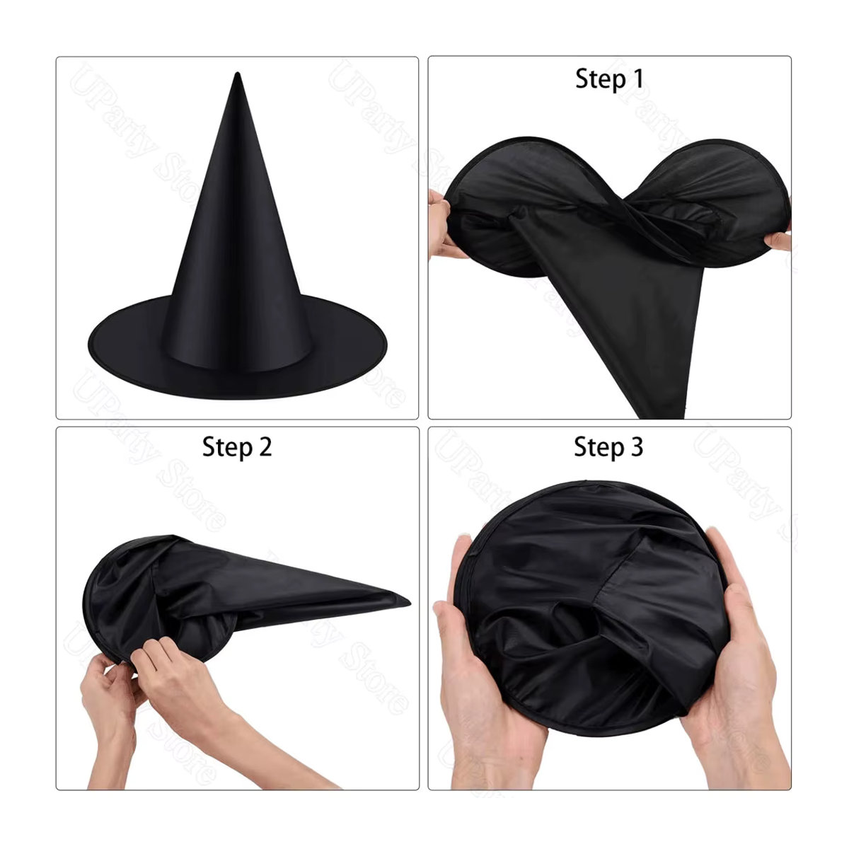 6er Set Halloween Hexenhüte aus MicroPlush in Schwarz mit Aufhängeschnur zur Dekoration - Bild 3