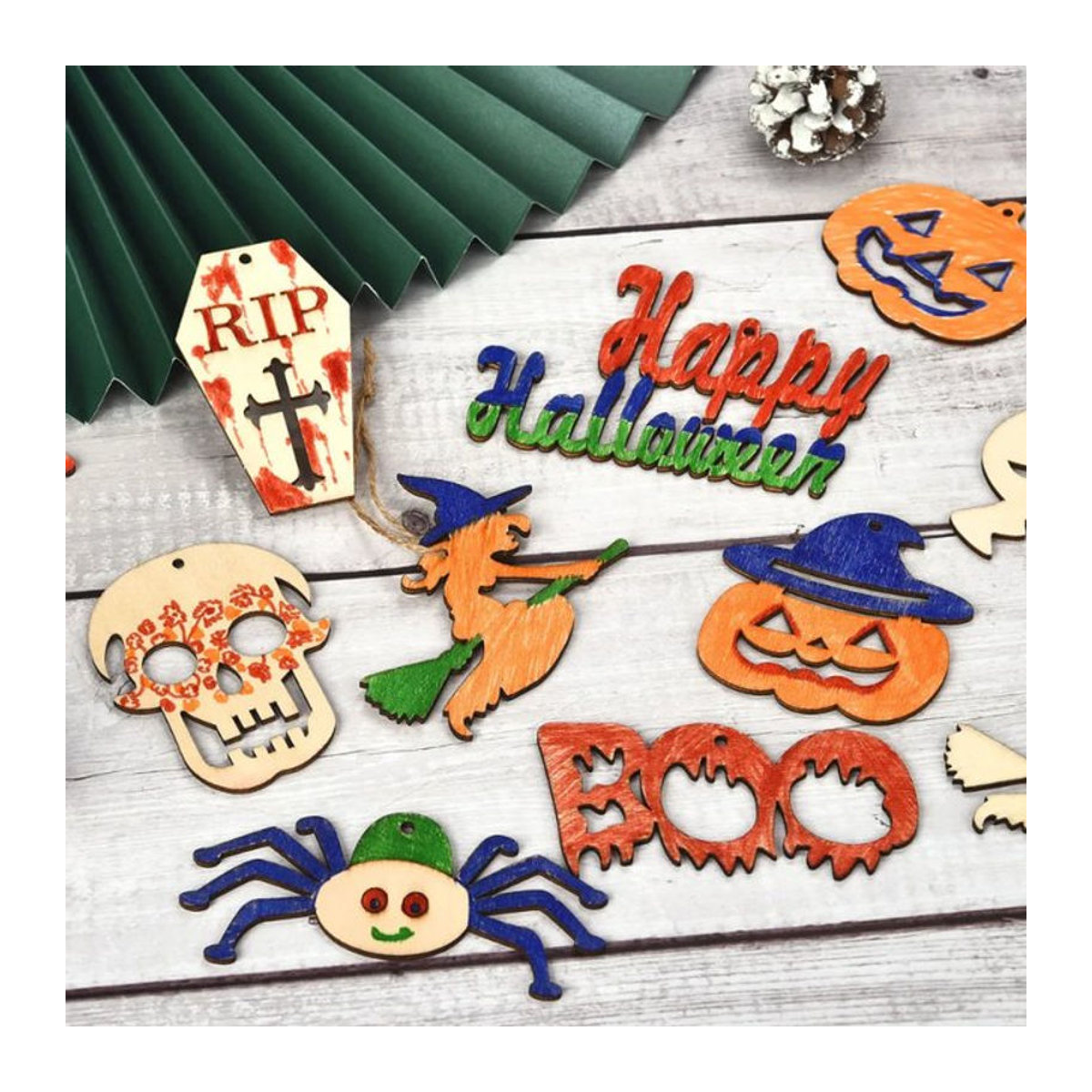 6er Set Halloween Holz-Dekorationen mit Spinne und Kürbis als DIY Malset für Kinder, mehrfarbig hängende Ornamente - Bild 1