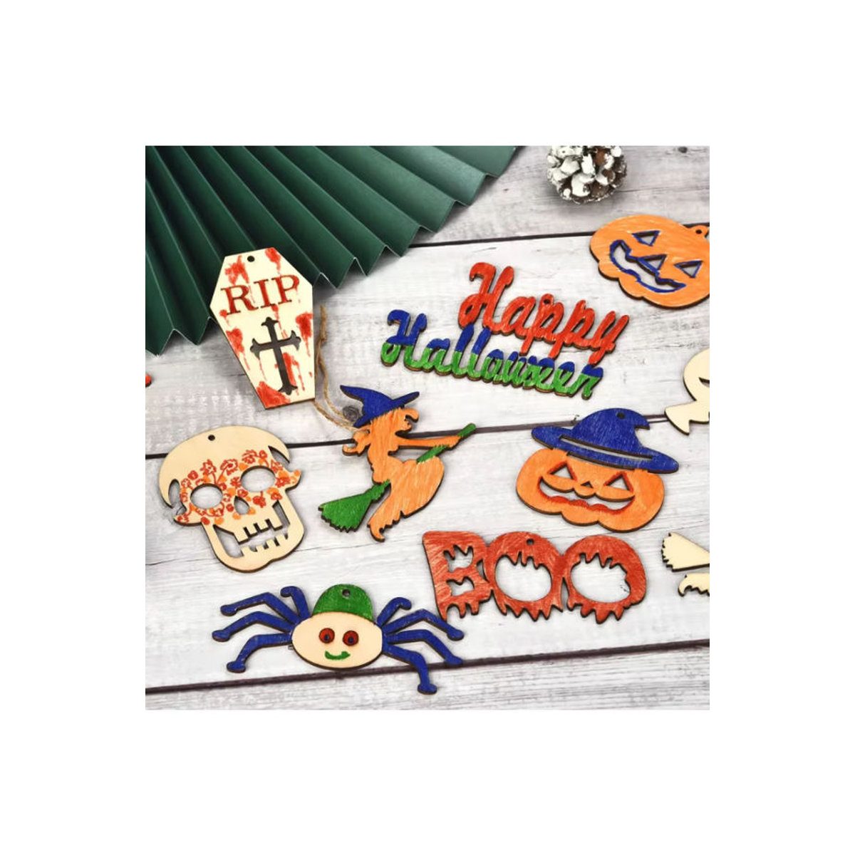 6er Set Halloween Holz-Dekorationen mit Spinne und Kürbis als DIY Malset für Kinder, mehrfarbig hängende Ornamente - Bild 4