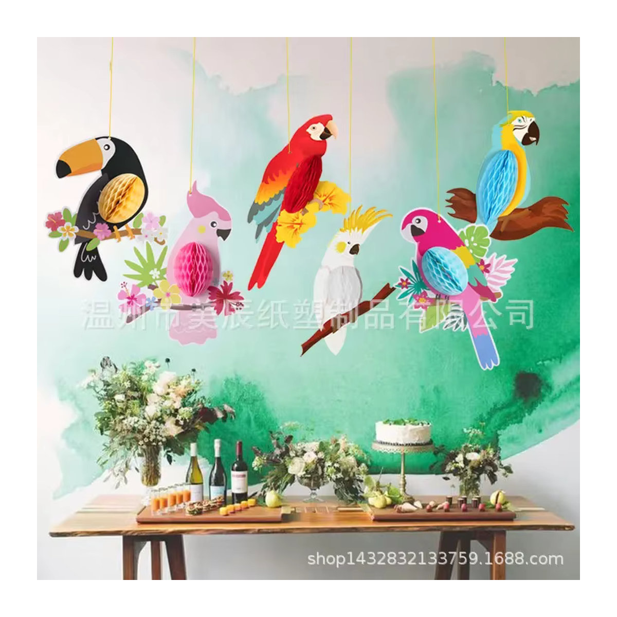 6er Set JAUNTILY Hängende Papier-Wabenpapageien als bunte Party-Dekoration für tropische Sommer-Themen und Kindergeburtstage - Bild 3