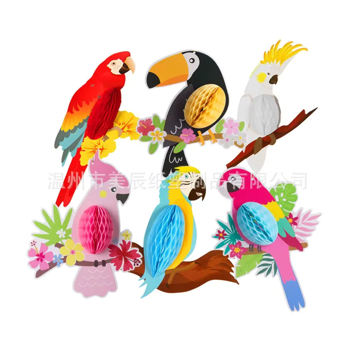6er Set JAUNTILY Hängende Papier-Wabenpapageien als bunte Party-Dekoration für tropische Sommer-Themen und Kindergeburtstage - Bild 4