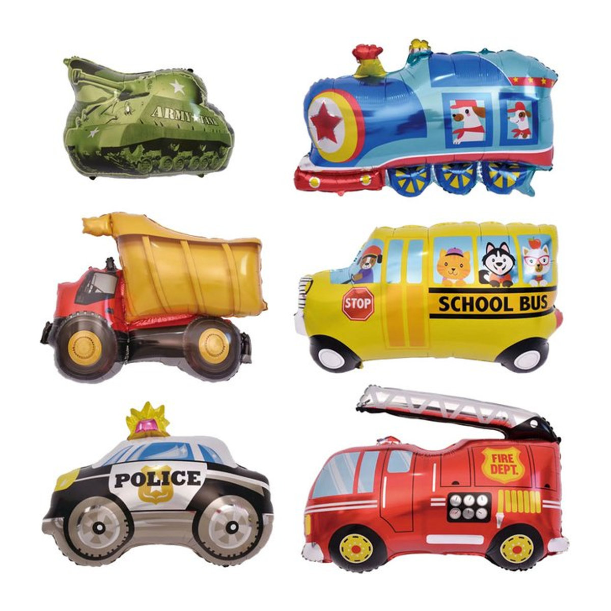 6er Set Mini-Auto Folienballons mit verschiedenen Fahrzeugmotiven wie LKW, Zug und Feuerwehr für Kindergeburtstage, mehrfarbig - Bild 1