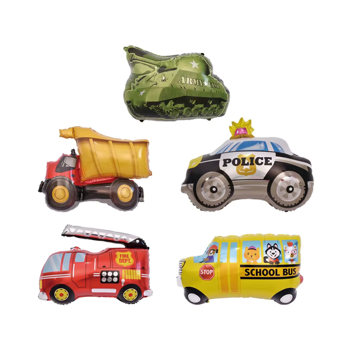 6er Set Mini-Auto Folienballons mit verschiedenen Fahrzeugmotiven wie LKW, Zug und Feuerwehr für Kindergeburtstage, mehrfarbig - Bild 2