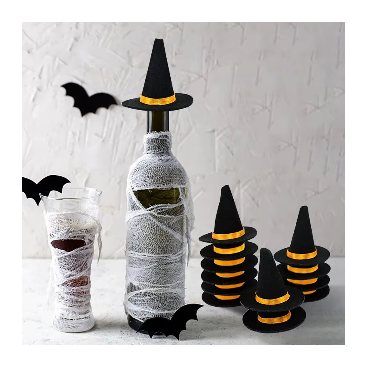 6er Set Mini Filz Hexenhüte von ZQNYCY in Schwarz als Halloween Dekoration für Weinflaschen und Party-Zubehör - Bild 3