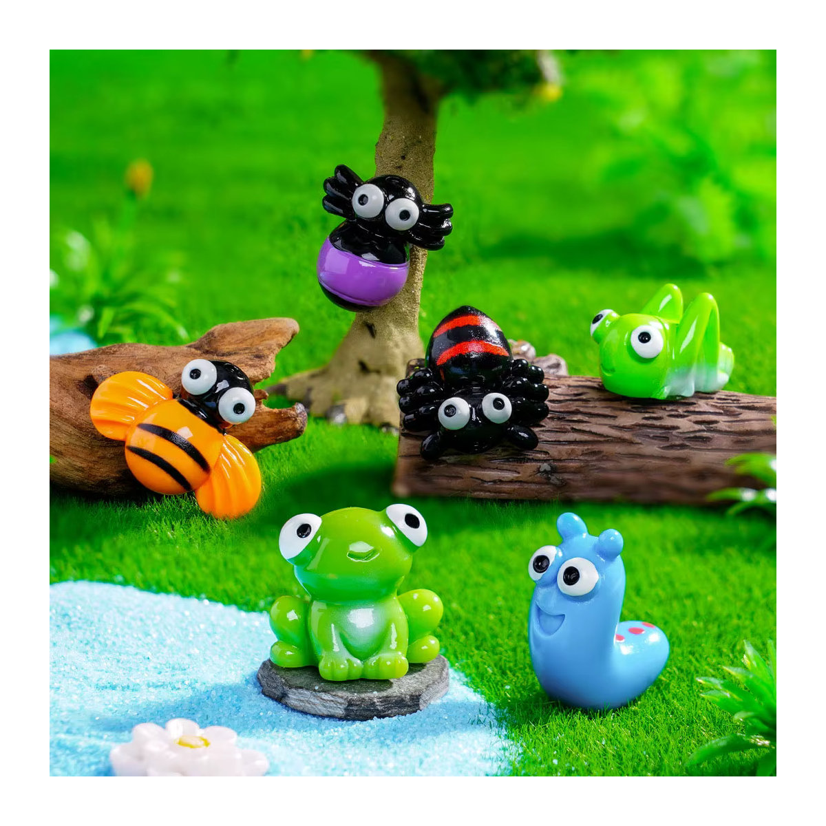 6er Set Miniaturfiguren aus Kunstharz mit Insektenmotiven wie Schmetterling, Frosch, Raupe und Biene in Mehrfarbig für Bonsai und Feengarten-Dekoration - Bild 3
