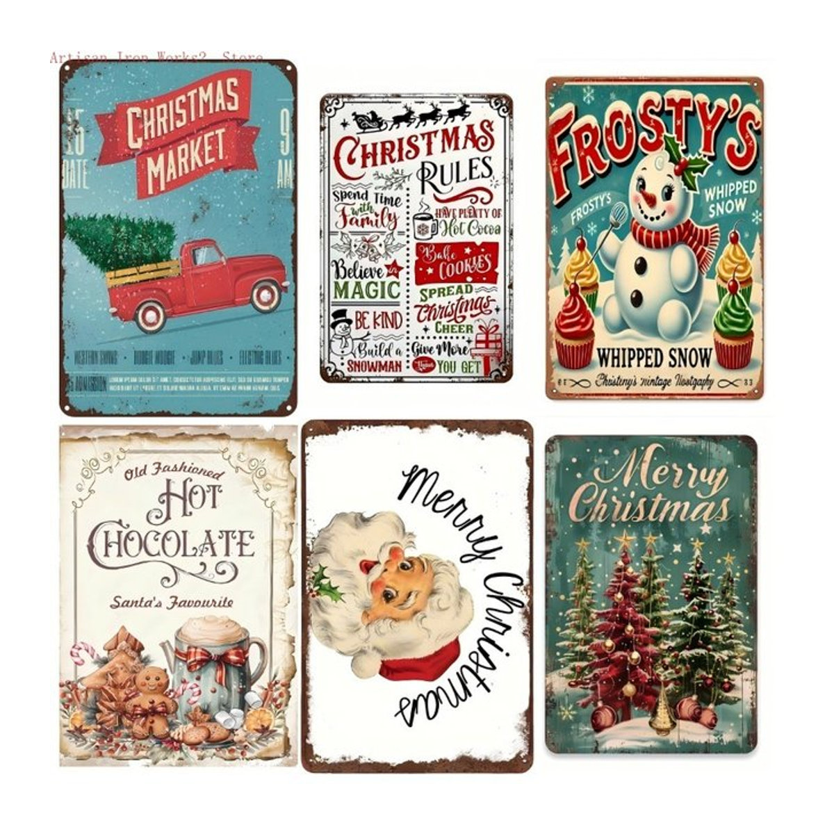 6er Set Potdemiel Weihnachts Blechschilder im Vintage Stil, mehrfarbige Metall-Wandkunst für Zuhause und Büro, Hochformat Rechteckig - Bild 1