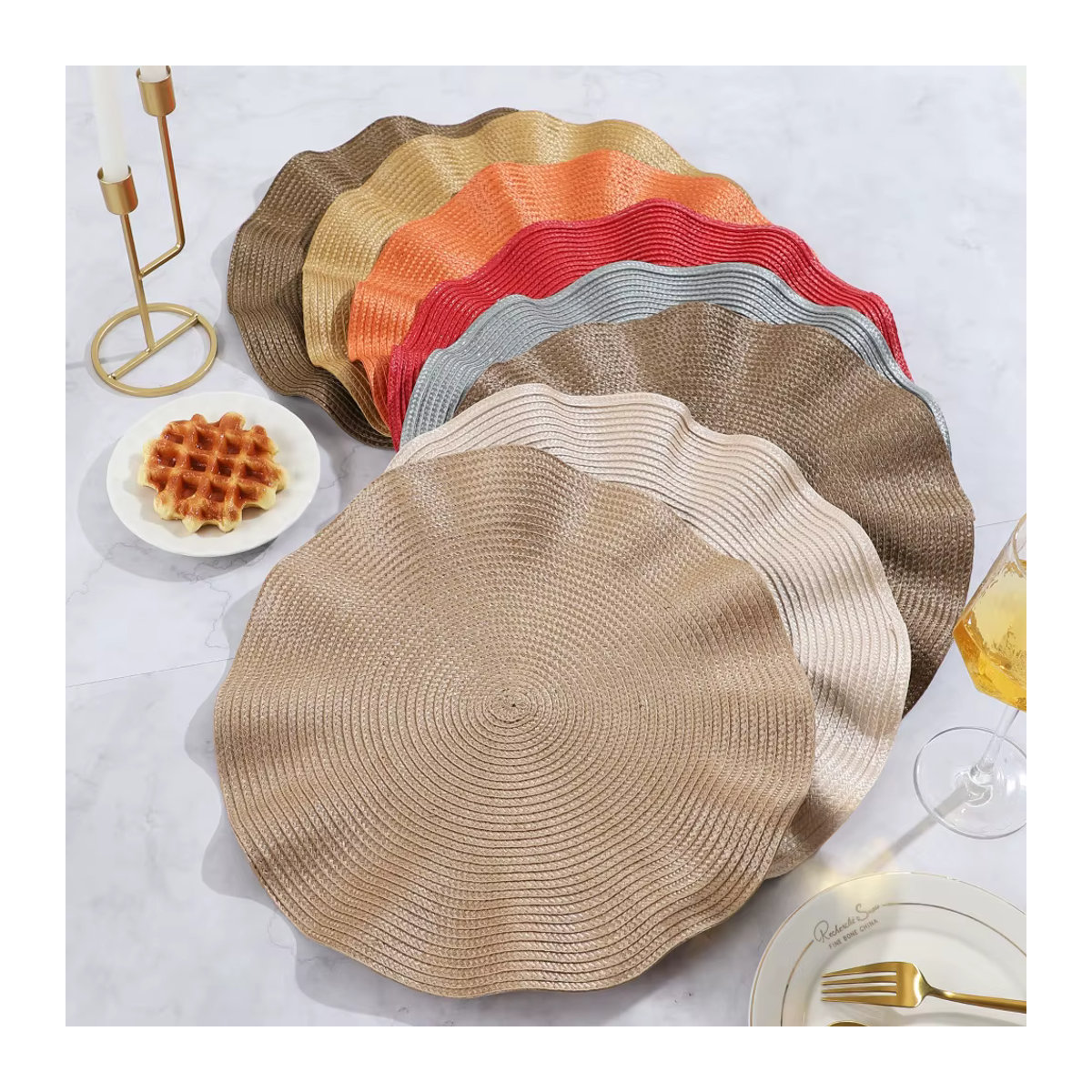 6er Set Rüschen Tischsets in Grün und Gold, wasserdicht und hitzebeständig, Durchmesser: 38 cm - Bild 3