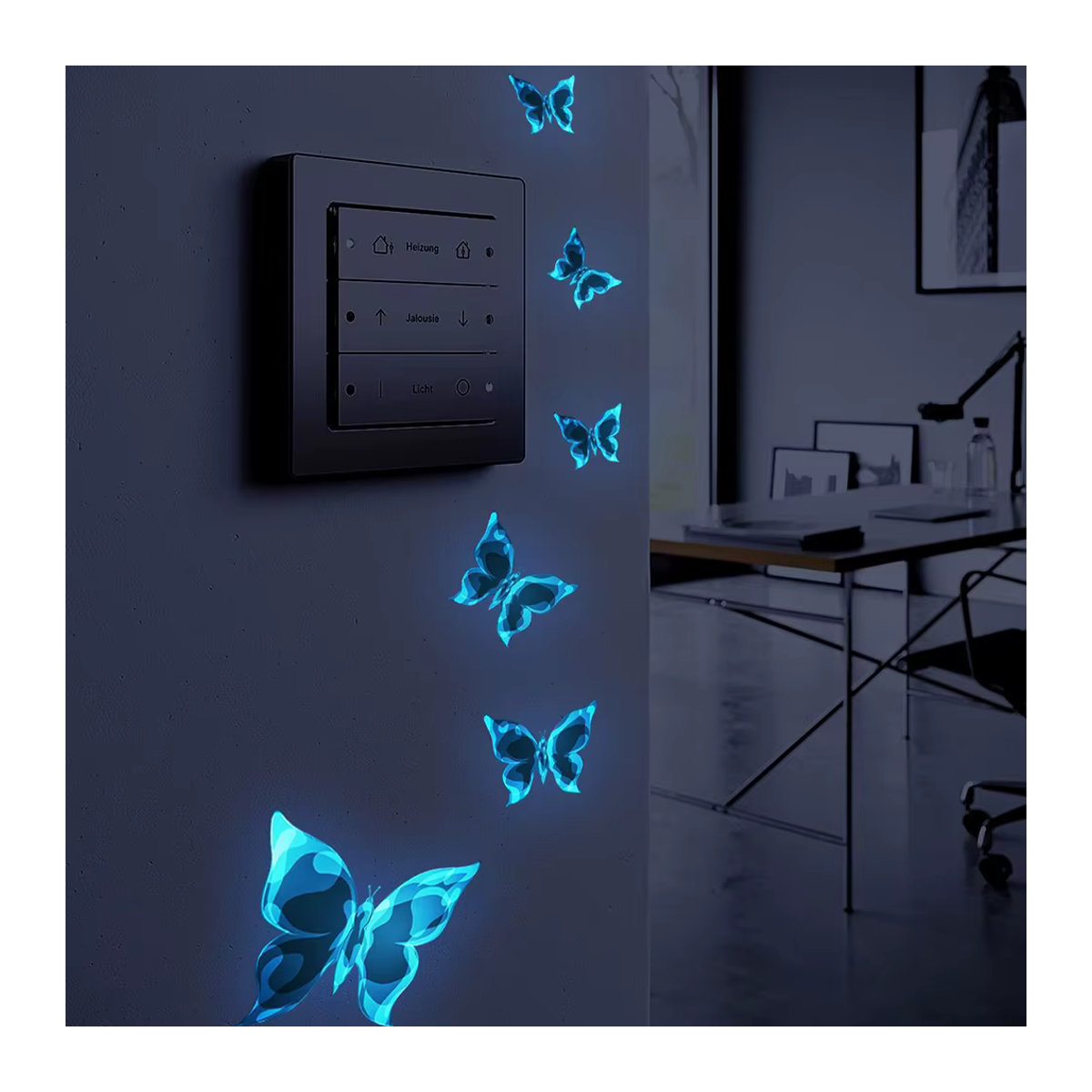 6er Set selbstklebende Leuchtende Schmetterling Wandaufkleber in Blau zur Dekoration von Lichtschaltern und Wänden - Bild 1