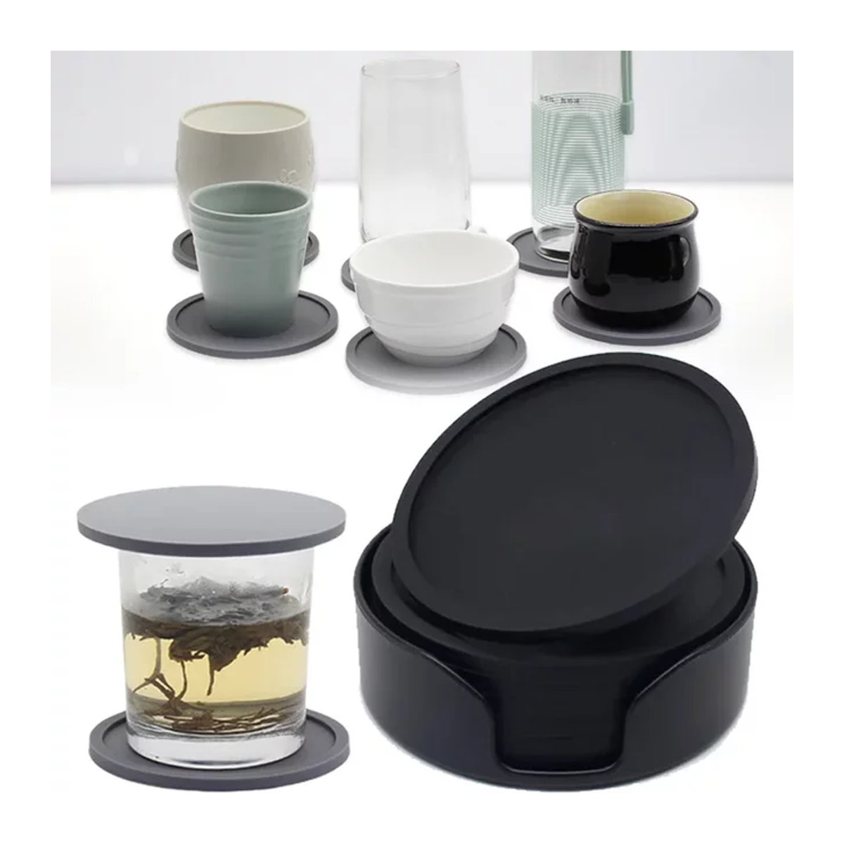 6er Set Silikon Untersetzer Rund, Hitzebeständige Getränkeuntersetzer für Tee, Kaffee und Gläser, Schwarz und Grau, Durchmesser: 10 cm - Bild 1