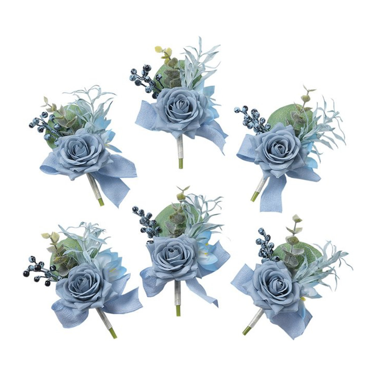 6er Set Textil-Rosen-Boutonniere in Blau für Hochzeit und Herbst im Vintage-Stil - Bild 1