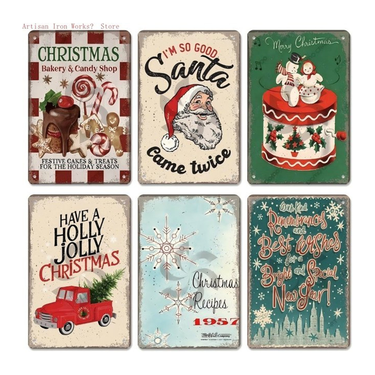 6er Set Vintage Metall Schilder Weihnachten Wanddeko mit Motiv Musikbox, Weihnachtsbaum und Bäckerei, mehrfarbig - Bild 1
