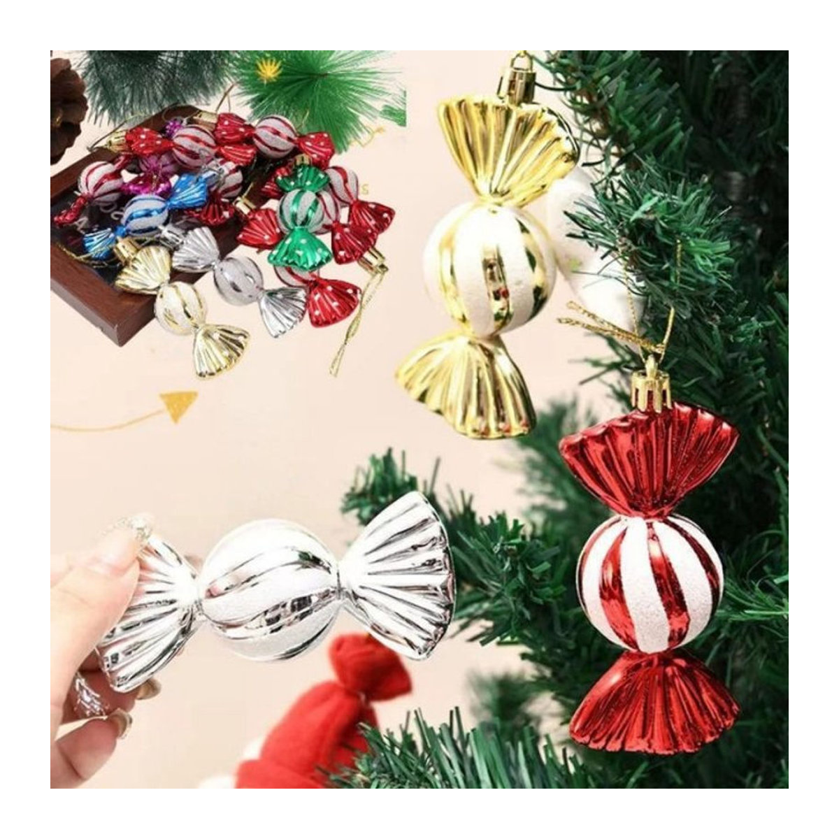 6er Set Weihnachtsbaum Hängeornamente in Süßigkeiten-Optik, rot und mehrfarbig, Kunststoff-Dekoration für Fenster und Zuhause - Bild 1