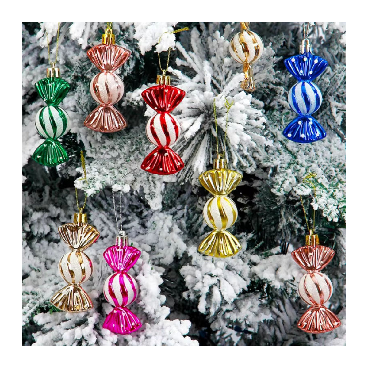 6er Set Weihnachtsbaum Hängeornamente in Süßigkeiten-Optik, rot und mehrfarbig, Kunststoff-Dekoration für Fenster und Zuhause - Bild 2